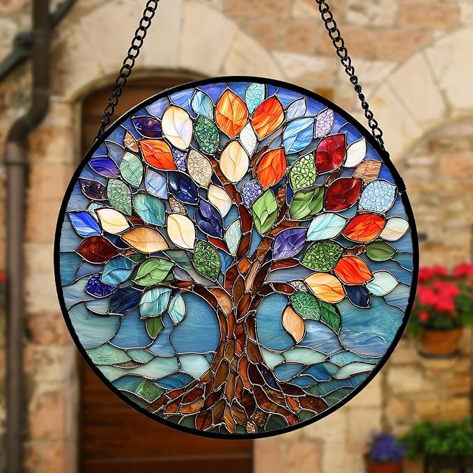 Stained Glass Window Hanging, Colorful Tree of Life Sun Catchers Glass Panel Blue Suncatcher Decor for Birthday for Women, Men, Wife, Aunt, and Mom 7.8 in