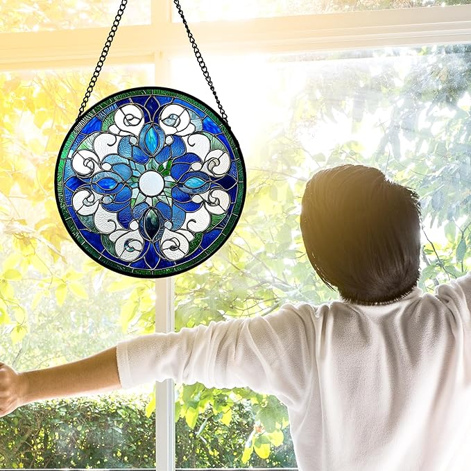 Stained Glass Window Hanging, Boho Style Sun Catchers Diamond Glass Panel Hangings Tiffany Suncatcher Decor for Birthday for Women, Men, Wife, Aunt, and Mom 11.8x11.8 in