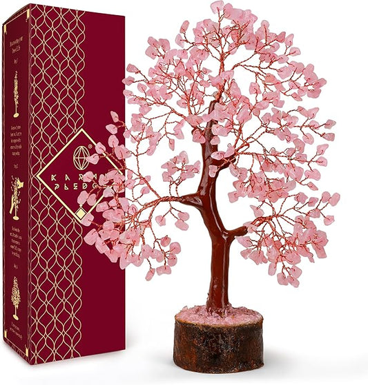 KARMAPLEDGE Rose Quartz Crystal Tree of Life for Women Office Decor, Good Luck, Money, Meditation, Positivity, Handmade Healing Crystal Stones Bonsai Tree Spiritual Birthday Gifts for Women