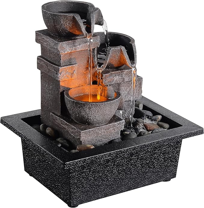 Indoor Fountain 3-Bowl Rockery Soothing Sound Tabletop Fountains Home/Office Decor with Natural River Rocks LED Lights Automatic Watering Pump(22044A)