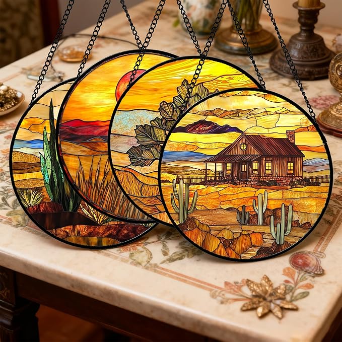 Stained Glass Window Hanging 4 Pcs Set Desert Sunset Theme Landscape 6.3" - Suncatcher Door Garden Sun Catcher Decor Birthday Christmas for Mom Woman Nana Men