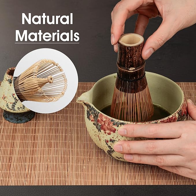 7-Piece Matcha Set with Matcha Bowl, Bamboo Whisk (Chasen) & Holder, Sifter, Tea Scoop & Rest, Special Bamboo Tea Mat - Perfect Matcha Kit for Matcha Lovers & Gift Giving, Kitty Pattern