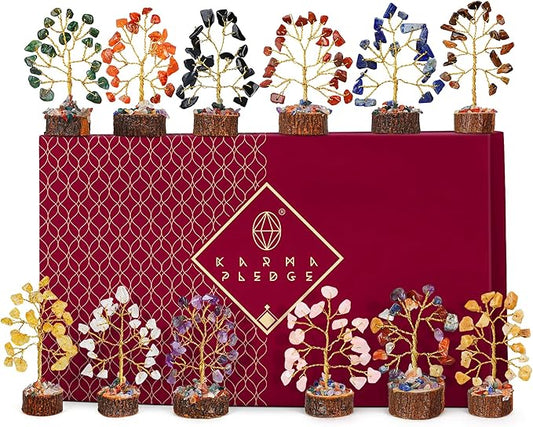 Crystal Tree Set of 12 Unique Birthday Gifts for Women, Sister, Mom, Home Office Decor, Shelf Desk Decoration for Positive Energy, Bring Good Luck, Money, Reiki Healing, Chakra Tree of Life Gift Sets