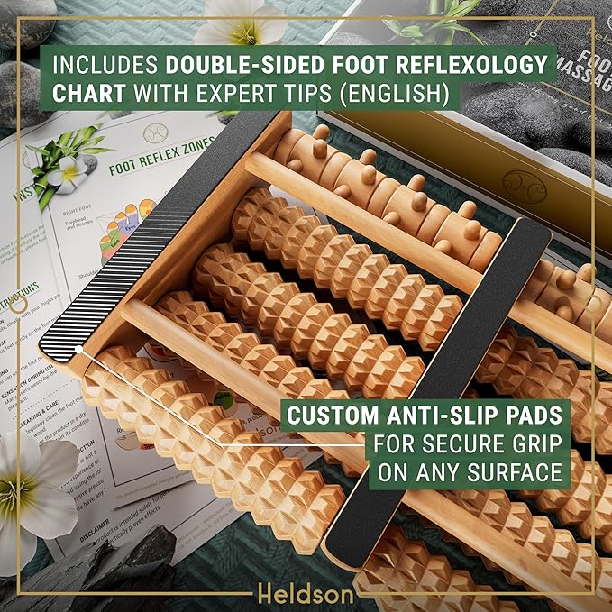 HELDSON® Foot Roller Massager Plantar Fasciitis Pain Relief - Wooden Under Desk Feet Massage - Dual Manual Heel Massagers - Wood Rolling Acupressure Tool with Reflexology Guide - Gift for Men, Women