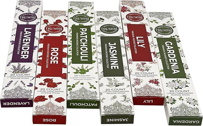 Floral Incense Sticks Variety Pack - 120 Insence-Sticks (6 Incents x 20 Insense) - Rose Lavender Jasmine Patchouli Gardenia Lily - Natural Inscents-Sticks Non Toxic Incienso with Stick Incense Holder