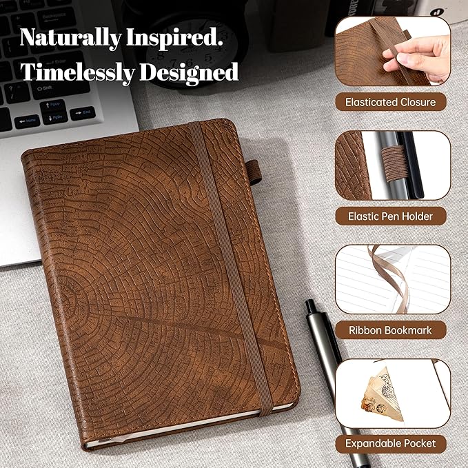 CAGIE Lined Journal for Men Women, Tree Growth Ring Leather Bound Journal Notebook, 256 Pages 100 GSM Journals for Writing, A5 Hardcover Journaling Notebooks,2 Pack (Brown & Brown)