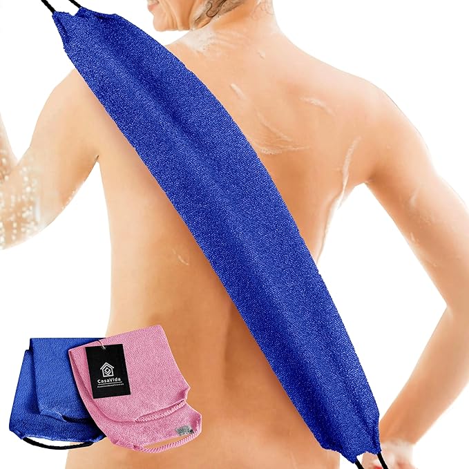 CASAVIDA Back Scrubber for Shower Nylon Bath Towel Washer Exfoliating Washcloth Rear Japanese Stretchable Pull Strap Wash Cloth Exfoliation 2 Pack (Pink + Jean Blue)