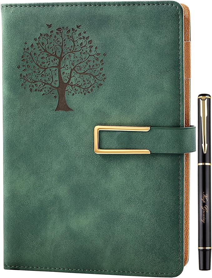 Fanery Sue Tree of Life Refillable Writing Journal for Women&Men Faux Leather Hardcover Notebook A5 College Ruled 200 Lined Pages Lay-Flat Personal Diary with Pen&Magnetic Buckle (Tree of Life-Green)