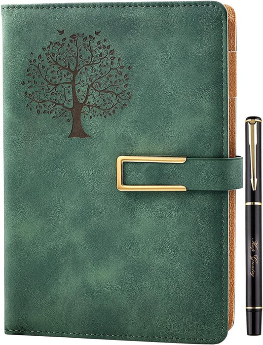 Fanery Sue Tree of Life Refillable Writing Journal for Women&Men Faux Leather Hardcover Notebook A5 College Ruled 200 Lined Pages Lay-Flat Personal Diary with Pen&Magnetic Buckle (Tree of Life-Green)