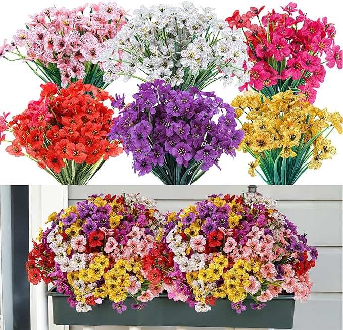 24 Bundles Artificial Flowers for Outdoor Indoor Garden Home Decoration, Plastic Flowers Decoration,Artificial Plants for Indoor Outside Garden Home Wedding Farmhouse (Mix 6 Color)