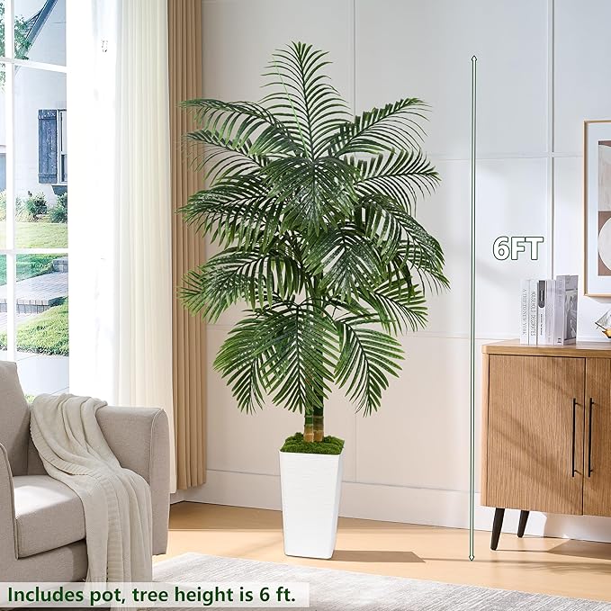 Artificial Palm Tree Indoor Plant Tall Fake Tropical Palm Tree in Pot with Real Bark Design Faux Areca Palm Tree for Home Office Living Room Bedroom Farmhouse Modern Outdoor Decor (21 Leaves 6 FT)
