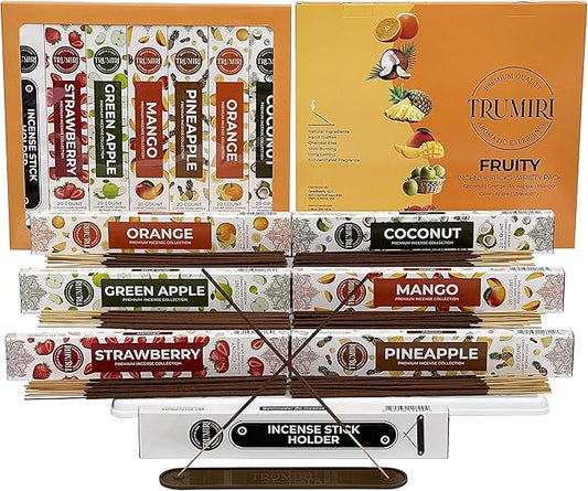 Fruity Incense Sticks Variety Pack - 120 Insence-Sticks (6 Incents x 20 Insense) - Coconut Orange Pineapple Mango Strawberry Apple - Natural Inscents-Sticks Non Toxic Inciensos + Stick Incense Holder