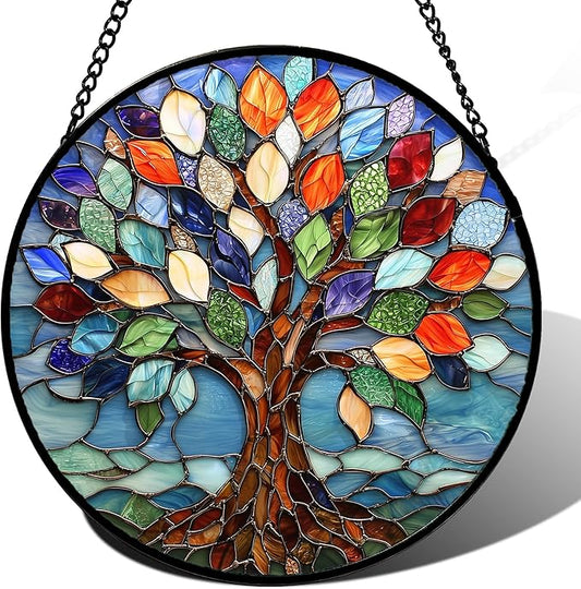 Stained Glass Window Hanging, Colorful Tree of Life Sun Catchers Glass Panel Blue Suncatcher Decor for Birthday for Women, Men, Wife, Aunt, and Mom 14.9x14.9 in