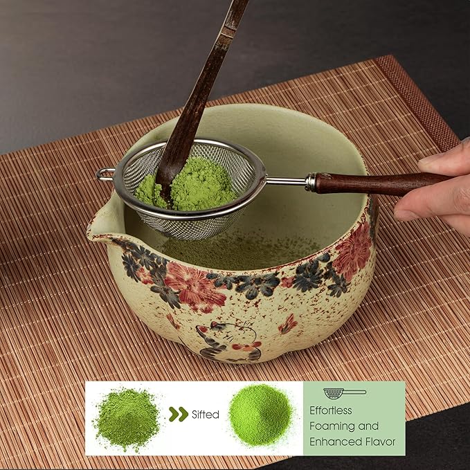 7-Piece Matcha Set with Matcha Bowl, Bamboo Whisk (Chasen) & Holder, Sifter, Tea Scoop & Rest, Special Bamboo Tea Mat - Perfect Matcha Kit for Matcha Lovers & Gift Giving, Kitty Pattern