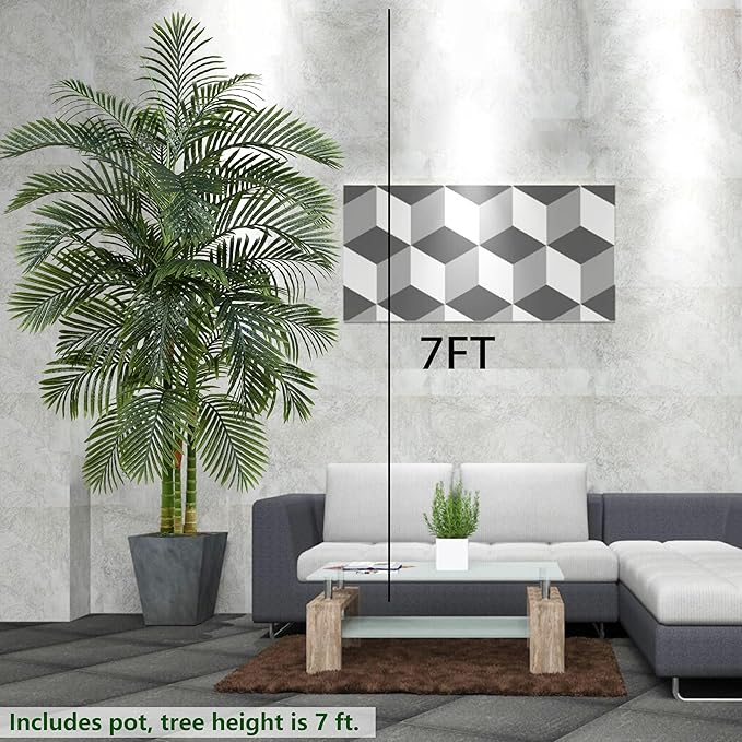 Artificial Golden Cane Palm Tree 7FT, Fake Palm Tree with Three Realistic Trunks and Lifelike Palm Leaves, Faux Palm Plant for Indoor Home Décor with Black Planter