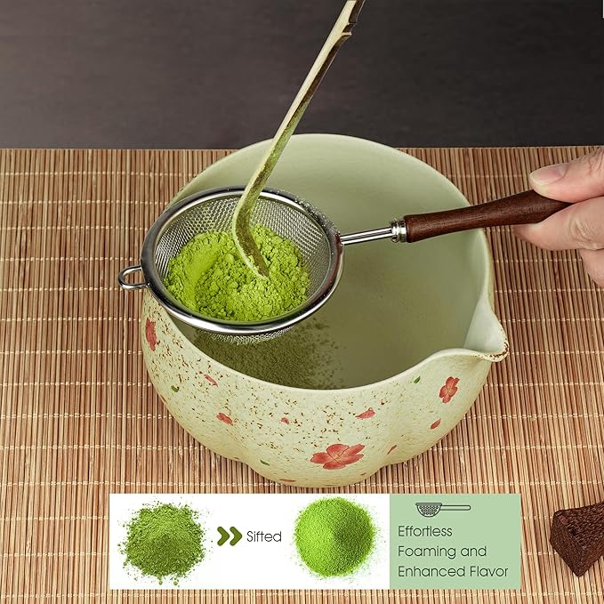 7-Piece Matcha Set with Ceramic Matcha Bowl, Bamboo Whisk (Chasen) & Holder, Sifter, Tea Scoop & Rest, Special Bamboo Tea Mat - Perfect Matcha Kit for Matcha Lovers & Gift Giving, Sakura