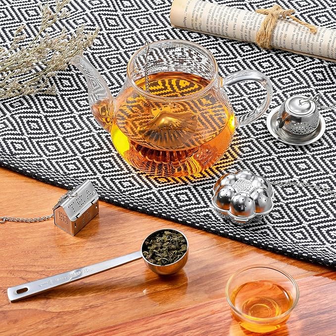 Vesici 10 Sets Loose Leaf Tea Infuser Set Stainless Steel Tea Strainer for Loose Tea Holder Infuser Ball Tea Filter Includes Chain Hooks and 1 Drip Trays with 1 Tea Spoon for Brew Tea Leaves Mug