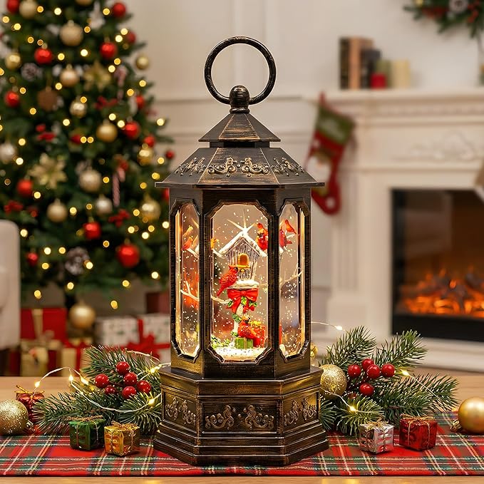 Musical Snow Globe Lantern Lighted Cardinal & Birdhouse Christmas Snow Water Lantern Swirling Glittering Home Decoration and Gift, Battery Operated or USB Powered