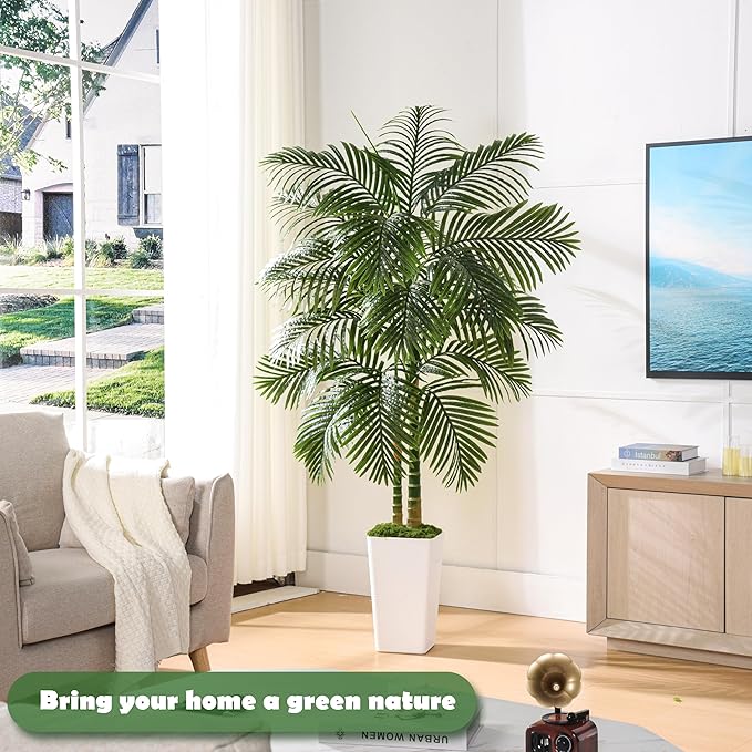 Artificial Palm Tree Indoor Plant Tall Fake Tropical Palm Tree in Pot with Real Bark Design Faux Areca Palm Tree for Home Office Living Room Bedroom Farmhouse Modern Outdoor Decor (13 Leaves 5 FT)