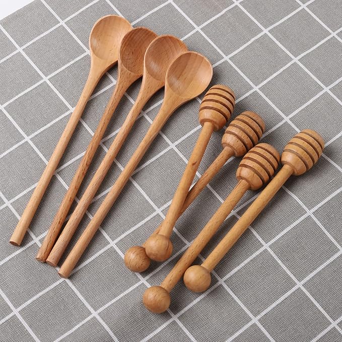 4 PCS 6 Inch Honey Dipper Sticks and 4 PCS 7.87 Inch Coffee Stirring Spoons, Beech Wooden Honey Spoon Stirrer for Honey Jar Dispense Drizzle Honey and Wedding Party Gift