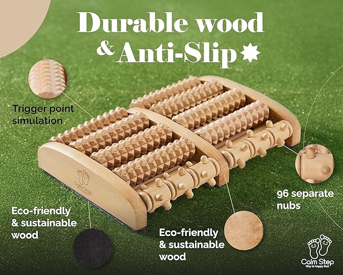 Wooden Foot Roller Massager for Plantar Fasciitis Relief - Arch-Shape Design for Neuropathy & Stress Relief - Durable & Portable Wooden Foot Massager roller - Includes Reflexology Chart