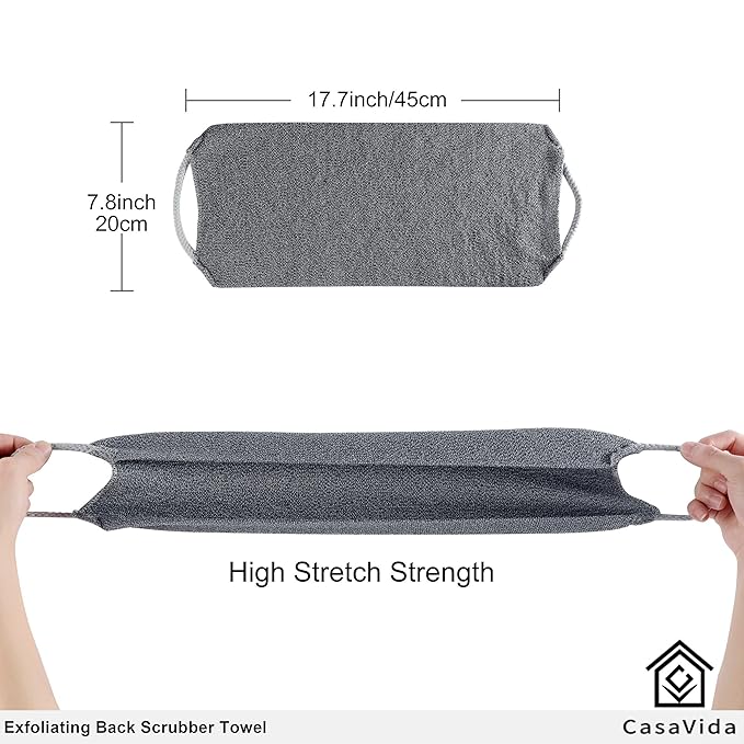 CASAVIDA Back Scrubber for Shower Nylon Bath Towel Washer Exfoliating Washcloth Rear Japanese Stretchable Strap Wash Cloth Body Exfoliation 2 Pack (Gray + Blue)