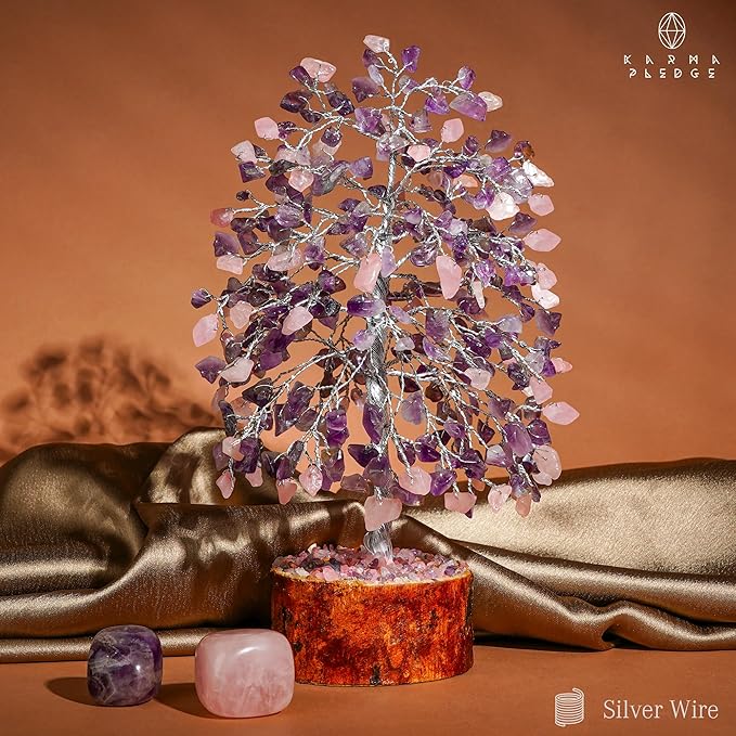 KARMAPLEDGE Chakra Healing Crystal Tree of Life for Birthday Gifts for Women, Home and Office Decor for Positive Energy & Good Luck, Spiritual Gifts, Feng Shui Money Trees (Rose, Amethyst Dual Beads)