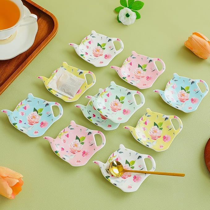 Porcelain Tea Bag Coasters, Floral Used Tea Bag Holder Ceramic, Set of 10 Tea Bag Plates Floral, Teaspoon Rest, Tea Bag Dish, Tea Party Gifts