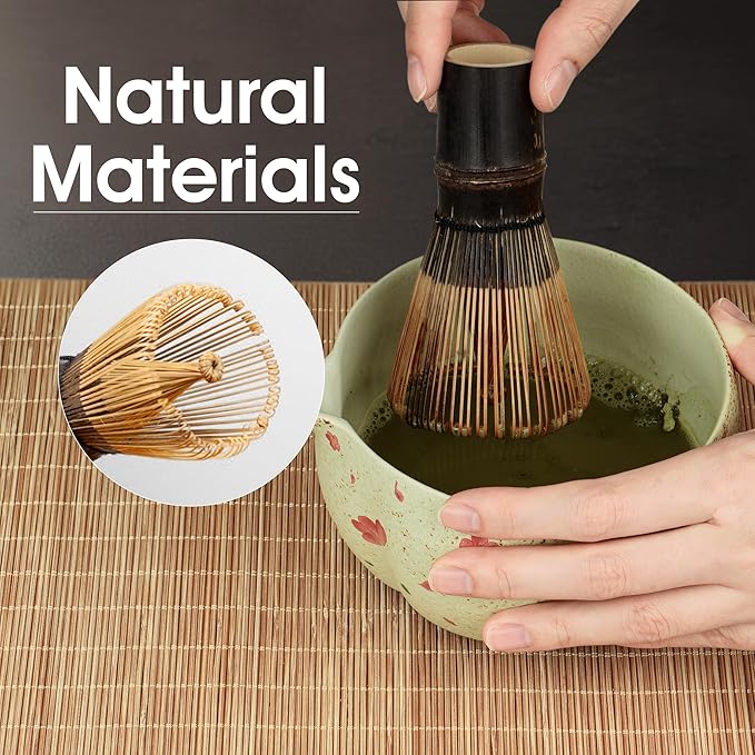 7-Piece Matcha Set with Ceramic Matcha Bowl, Bamboo Whisk (Chasen) & Holder, Sifter, Tea Scoop & Rest, Special Bamboo Tea Mat - Perfect Matcha Kit for Matcha Lovers & Gift Giving, Sakura