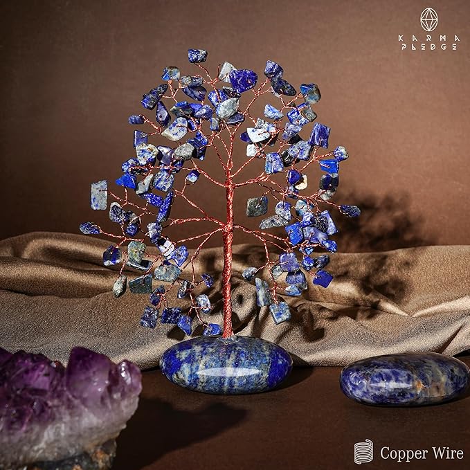 Crystal Tree of Life Home and Office Feng Shui Decor, Lapis Lazuli Healing Crystal Handmade Bonsai Tree for Positive Energy, Good Luck, Money, Christmas Decor, Birthday Gifts for Women, Mom
