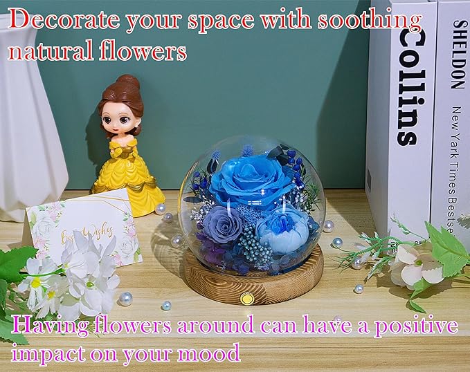 Valley of Rain & Forest Long-Lasting Real Flowers, Unique Floral Gift For you to send Love for All Occasions, for Indoor Decoration (Blue Rose, Grey & White-Blue Austin Roses)