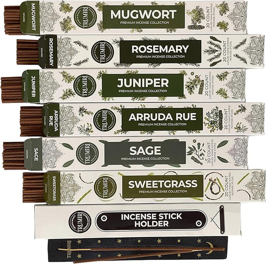 Trumiri Incense Sticks for Smudge Kit - Total 120 Insence-Sticks (20 Insense x 6 Incents) - Inciensos Aromaticos para Malas Energias Inscents-Sticks with Sage Sweetgrass for Smudging + Incense Holder