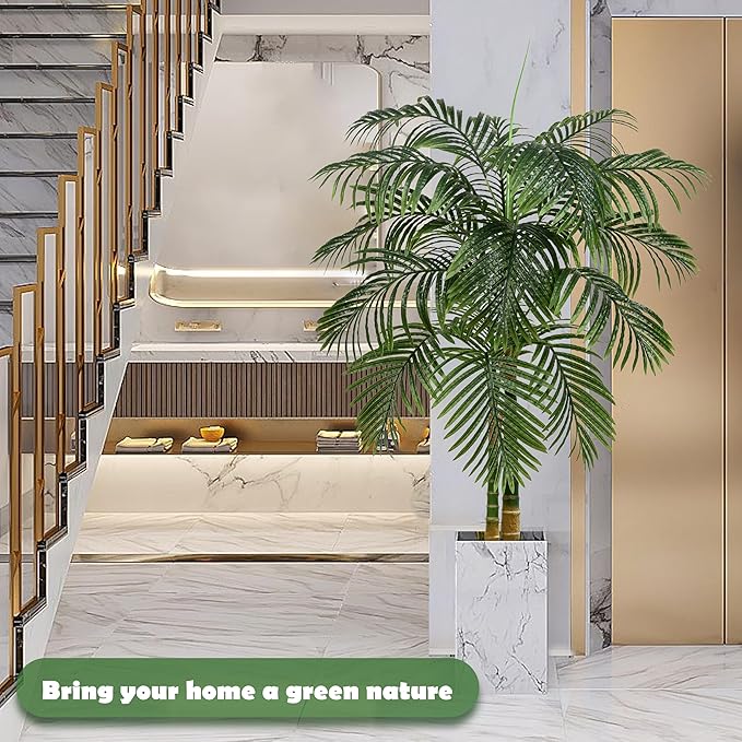 Artificial Golden Cane Palm Tree 5FT, Fake Palm Tree with Three Realistic Trunks and Lifelike Palm Leaves, Faux Palm Plant for Indoor Home Décor with Black Planter