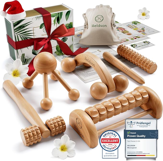 HELDSON® Wooden Therapy Massage Tools [6 Pieces] - Wood Rollers for Body Sculpting - Lymphatic Drainage Massager - Cellulite Tool - Maderoterapia Kit - Back Rolling Stick - Wellness Gifts Women, Men