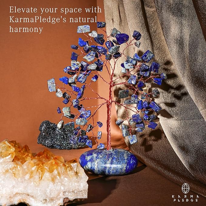 Crystal Tree of Life Home and Office Feng Shui Decor, Lapis Lazuli Healing Crystal Handmade Bonsai Tree for Positive Energy, Good Luck, Money, Christmas Decor, Birthday Gifts for Women, Mom