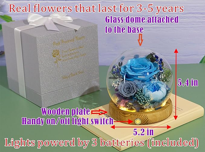 Valley of Rain & Forest Long-Lasting Real Flowers, Unique Floral Gift For you to send Love for All Occasions, for Indoor Decoration (Blue Rose, Grey & White-Blue Austin Roses)