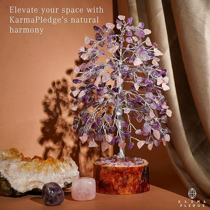 KARMAPLEDGE Chakra Healing Crystal Tree of Life for Birthday Gifts for Women, Home and Office Decor for Positive Energy & Good Luck, Spiritual Gifts, Feng Shui Money Trees (Rose, Amethyst Dual Beads)