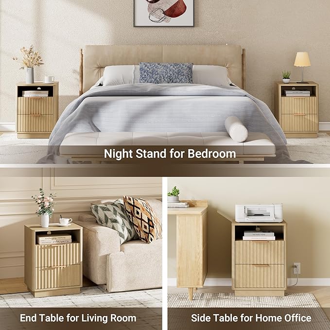 Fluted Nightstand with Charging Station, 18" Modern Farmhouse Night Stand, 2 Drawers End Table with Storage, Bedside Table for Bedroom Sofa Home Office, Curved Profile Design (Natural Oak)