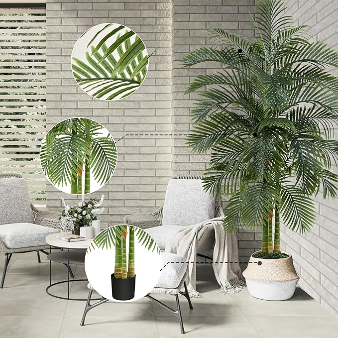 Artificial Golden Cane Palm Tree 7FT, Fake Palm Tree with Three Realistic Trunks and Lifelike Palm Leaves, Faux Palm Plant for Indoor Home Décor with Black Planter