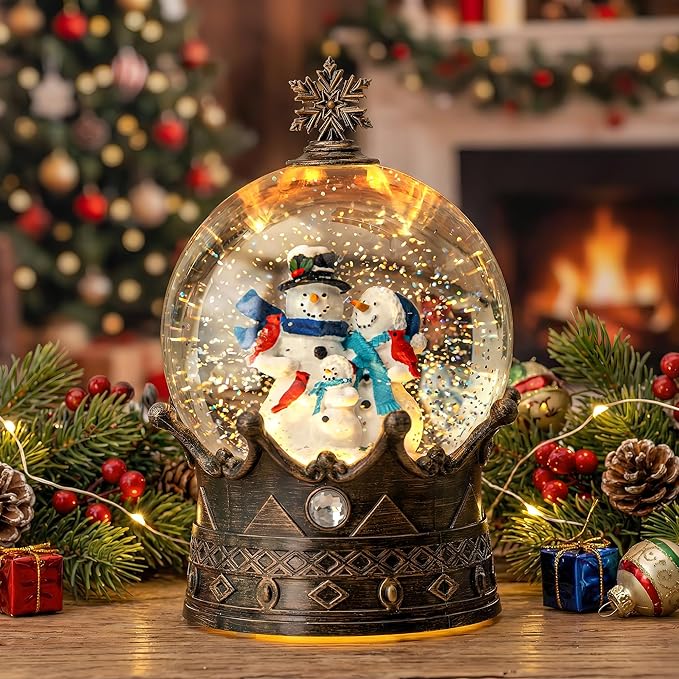 Snow Globe Lighted Christmas Decorations, Snowman Family Musical Crown Snow Globe Lantern with Swirling Glitter, Christmas Holiday Party Gifts and Decorations