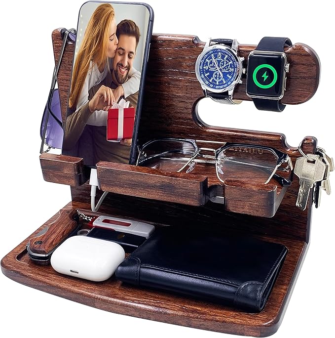 Gifts for Men Women Dad Husband Boyfriend Wood Phone Docking Station Nightstand Organizer for Men Birthday Gifts (Dark Brown)