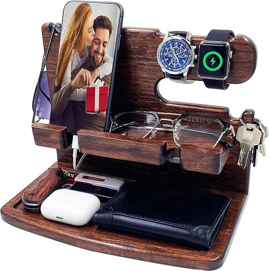 Gifts for Men Women Dad Husband Boyfriend Wood Phone Docking Station Nightstand Organizer for Men Birthday Gifts (Dark Brown)