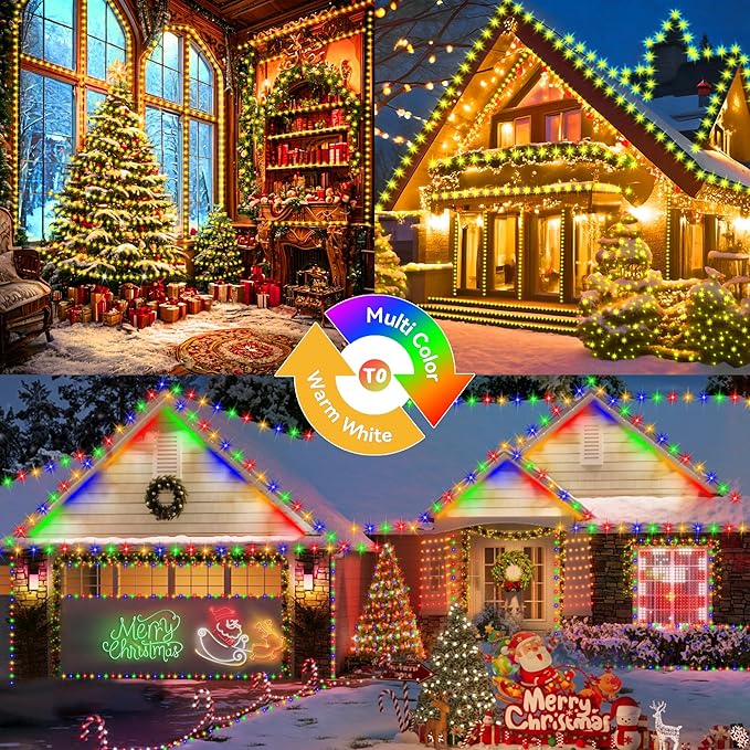 KNONEW 720 LED 328FT Christmas Lights Outdoor Green Wire Color Changing String Lights with 11 Modes & Timer Dimmable Fairy Light for Xmas Tree Roof Yard Wedding Decorations(Warm White to Multicolor)