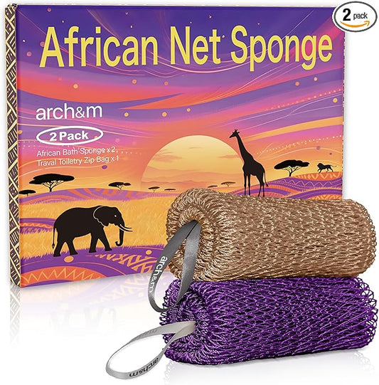 African Net Sponge Authentic Exfoliating - Authentic African Bath Sponges with Knots Exfoliating Body Scrubber for Women Back Scrub Exfoliator for Shower Bathroom Accessories Purple + Champagne ARCH&M