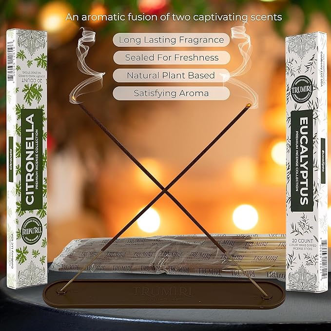 Trumiri Incense Sticks - Combo Pack of 40 Insence-Sticks - 20 Citronella + 20 Eucalyptus - Insenses - Insents - Incents - Inscense - Incence - Incienso - All Natural Incense Sticks