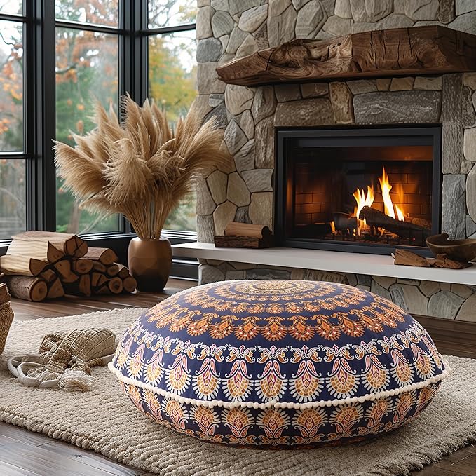 Codi Floor Pillows for Sitting Set of 2, Large Meditation Cushions for Adults with Memory Foam, Bohemian Mandala Round Seating for Outdoor Yoga and Living Room, Washable，32 Inch, Yellow