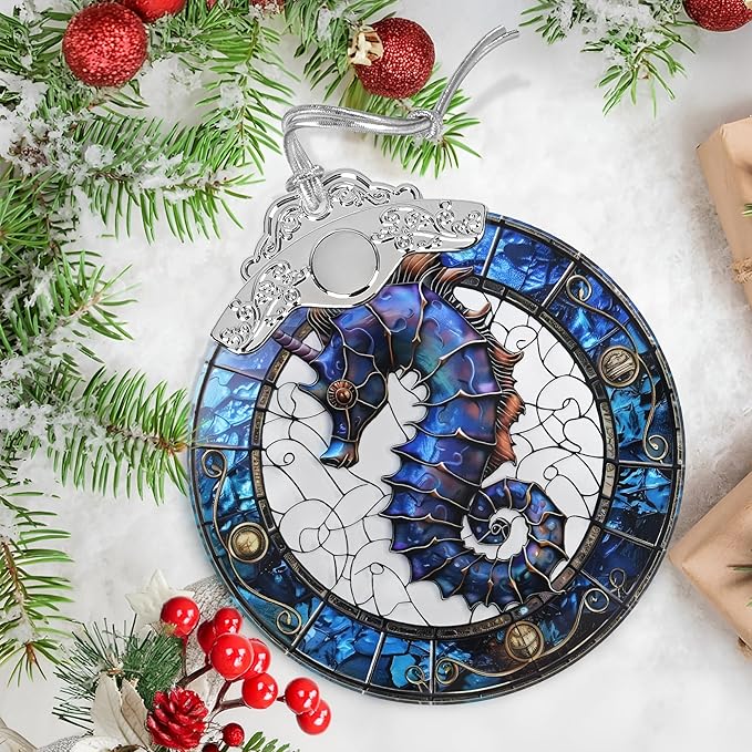 Sea Horse Stained Glass Orament - Christmas Ornament - Christmas Decorations for Tree - Holiday Present ldeas - Gift Exchange