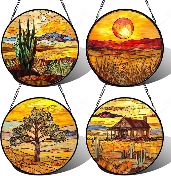 Stained Glass Window Hanging 4 Pcs Set Desert Sunset Theme Landscape 6.3" - Suncatcher Door Garden Sun Catcher Decor Birthday Christmas for Mom Woman Nana Men