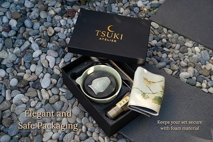 Matcha Whisk Set – 7 Pcs Matcha Kit - Ceramic Bowl, Bamboo Whisk & Holder, Scoop, Sifter, Scoop Rest & Tea Towel – Elegant Matcha Kit for Tea Lovers, Home Decor & Zen Spaces (Green)