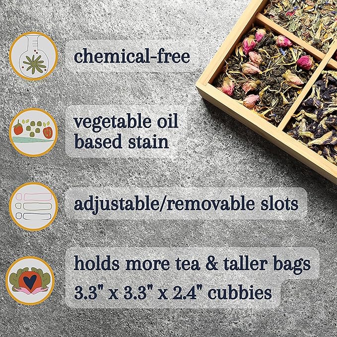 Bamboo Tea Organizer Box Chemical Free Eco-Friendly Big, Tall, Adjustable Cubbies Natural Wooden Storage Chest (8-Slot 14.3" x 8.1" x 4.2" with Tea Leaf design)